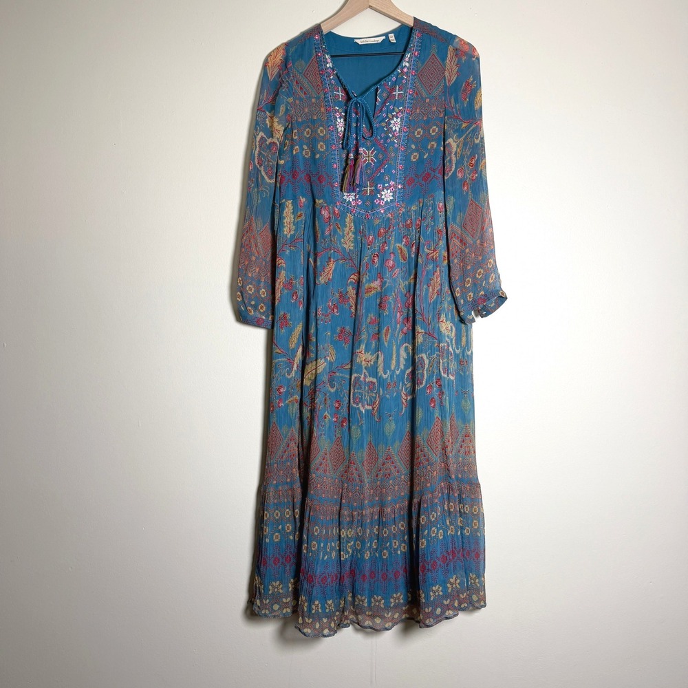Soft Surroundings Womens Cotton Dress PXS Blue Embroidered Boho Tassel Peasant